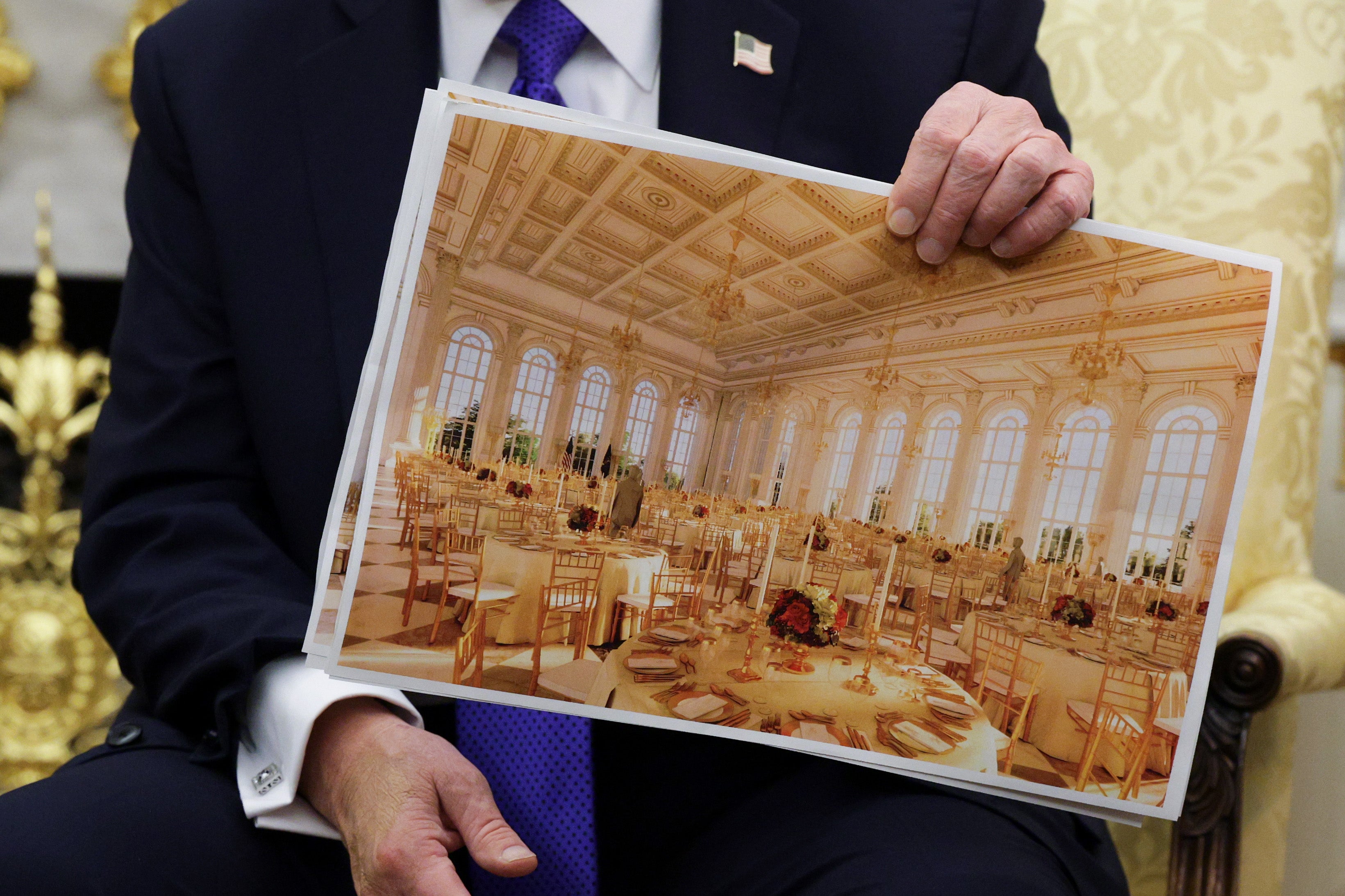 A rendering of the proposed White House ballroom depicts floor-to-ceiling glass windows and gold accents that match the president’s changes to the Oval Office