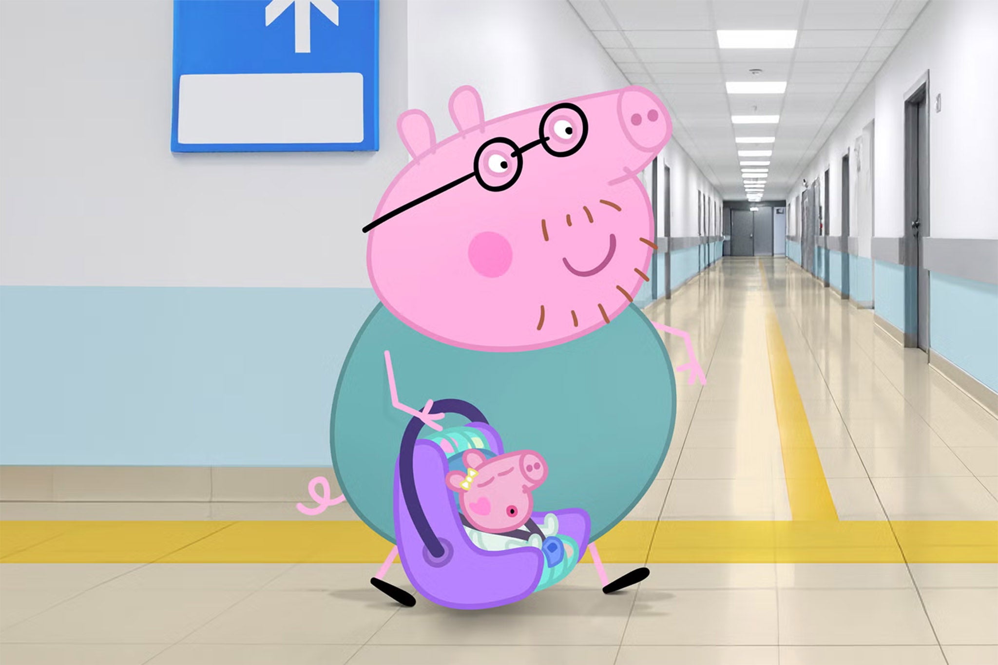 Daddy Pig with his newborn Evie, born in May 2025, a new addition to the Pig family, along with Peppa and George