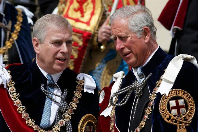 Andrew and the then-Prince of Wales attend the annual Order of the Garter Service in 2015 (Peter Nicholls/PA)