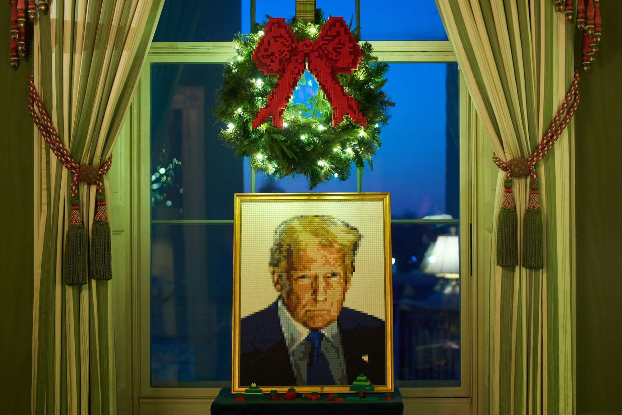 The Green Room includes a toy theme, with a Lego portrait of the president’s second official White House portrait