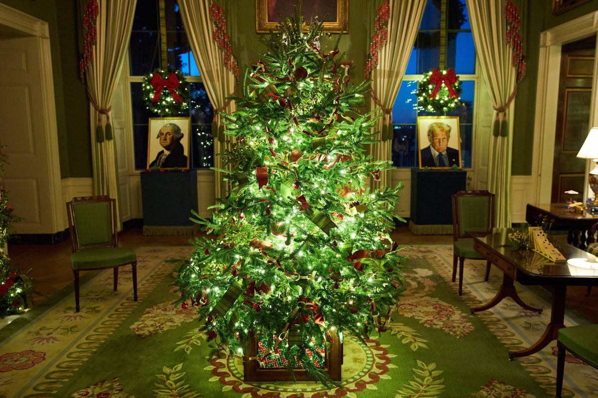 Melania Trump unveils grand White House Christmas decorations with tree-lined hallways and Lego Trump portrait