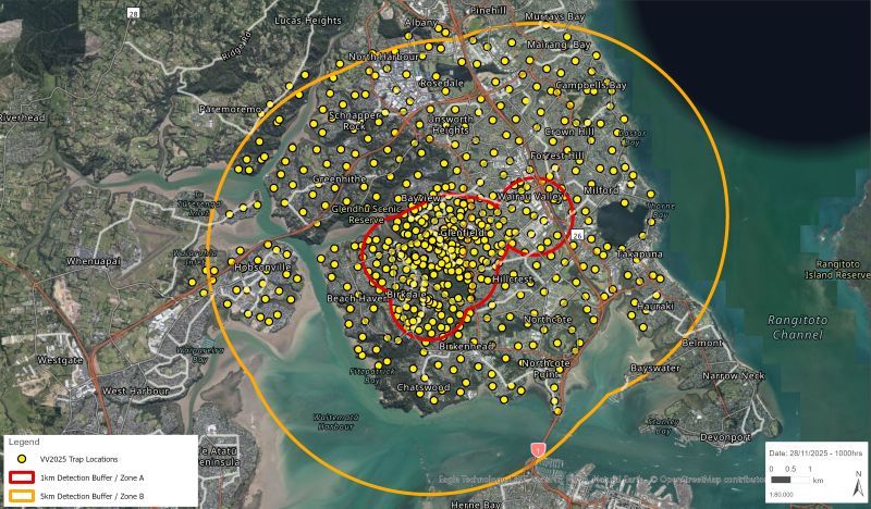 Yellow dots show trap locations as on 1 December 2025. All queen yellow-legged hornets have been found in the zone marked by the red circle