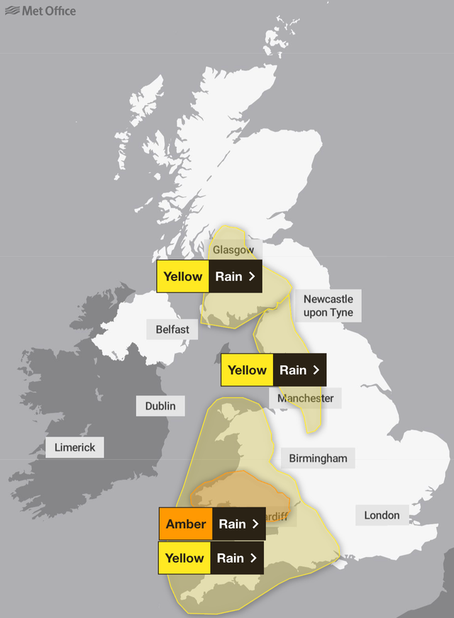 <p>A Met Office amber warning is in place until midnight on Monday in south Wales</p>