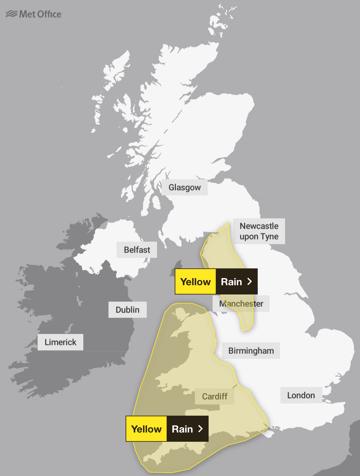 Two yellow warnings will remain on Tuesday 2 December, covering a wide area