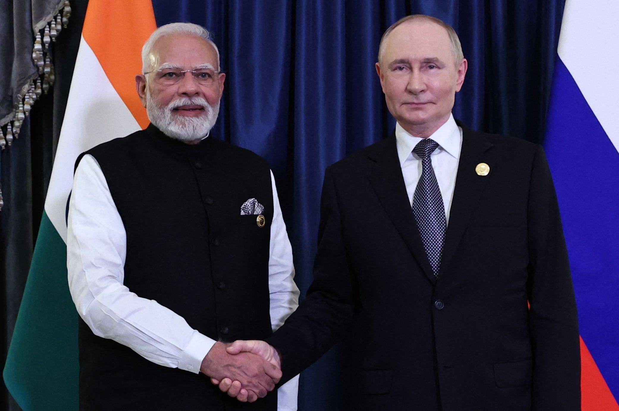<p>Indian prime minister Narendra Modi with Russian president Vladimir Putin on the sidelines of the Shanghai Cooperation Organisation Summit in Tianjin</p>