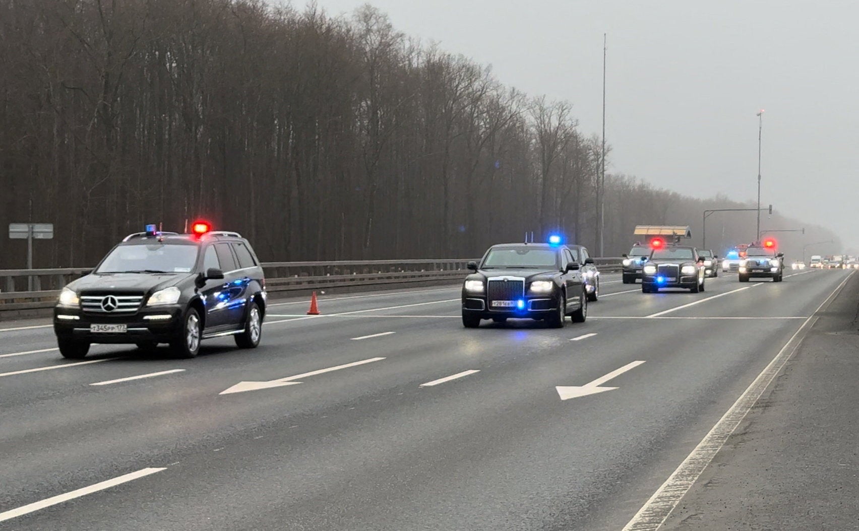 A motorcade, reportedly transporting officials including U.S. President Donald Trump's envoy Steve Witkoff and son-in-law Jared Kushner, departs Vnukovo International Airport before a scheduled meeting with a Russian delegation in Moscow, Russia, December 2, 2025