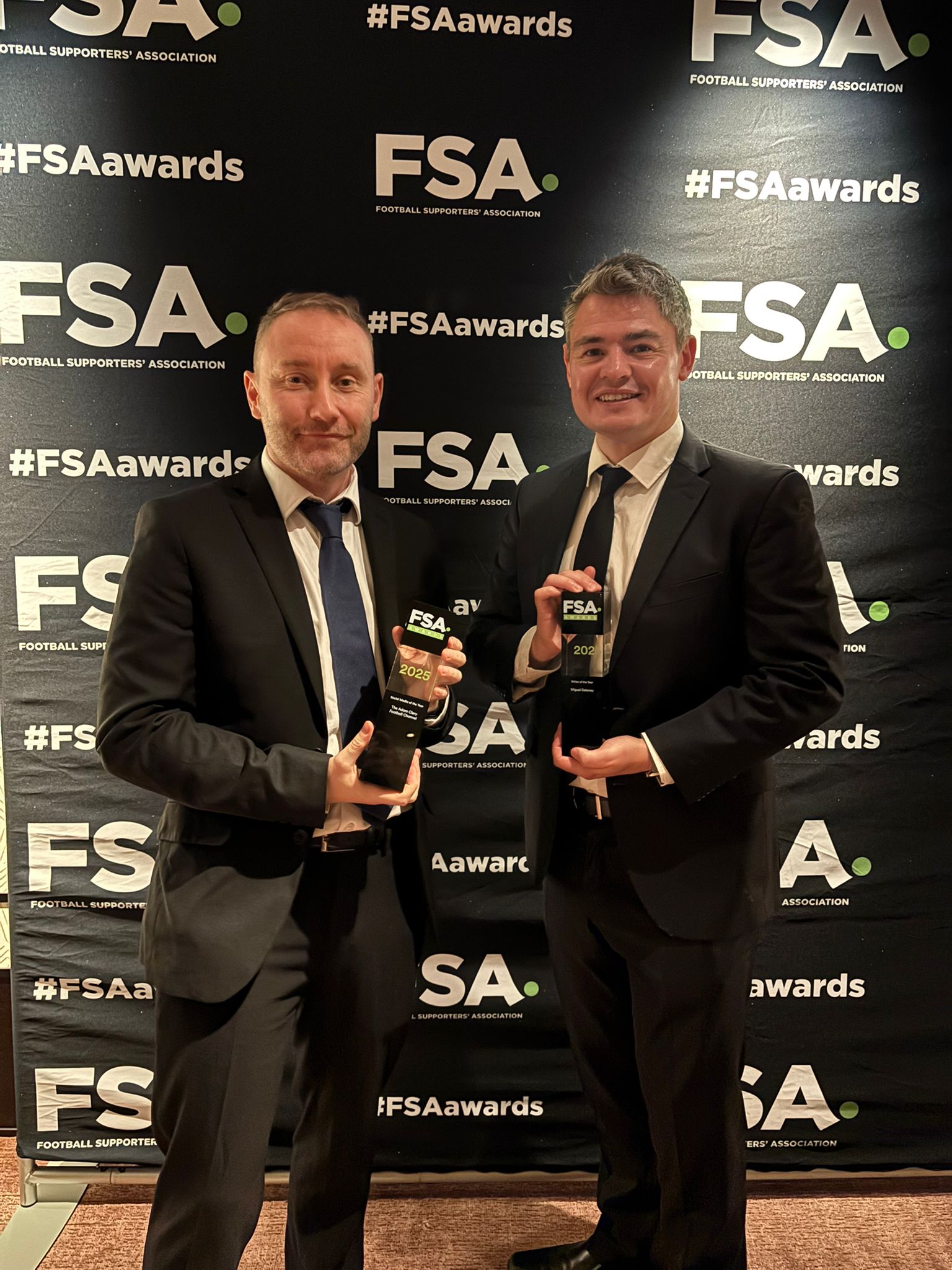 Adam Clery and Miguel Delaney with their prizes at the FSA Awards 2025