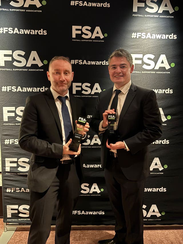 <p>Adam Clery and Miguel Delaney with their prizes at the FSA Awards 2025</p>