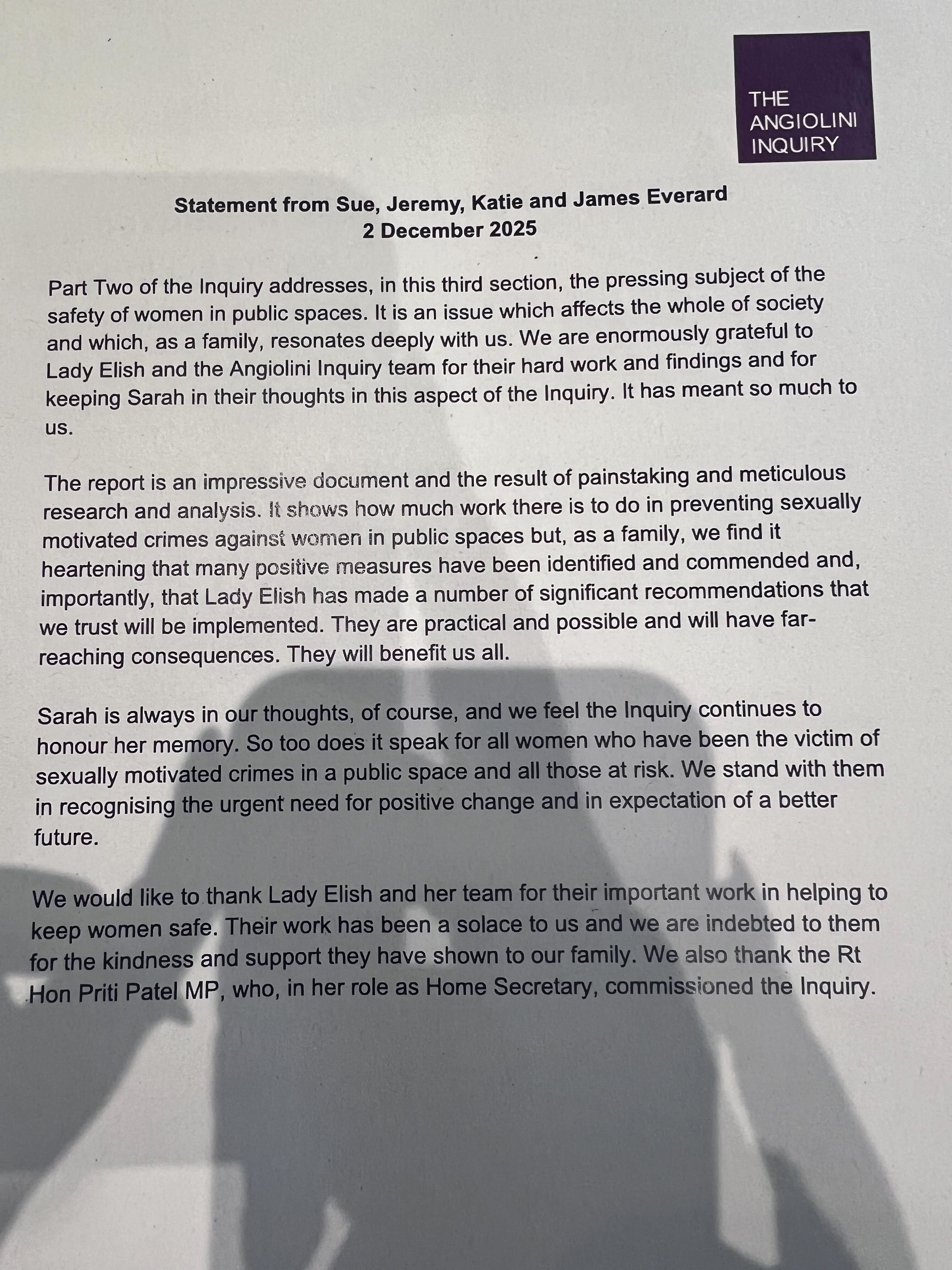 Ms Everard's family praised the work of the inquiry