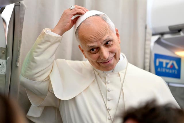 <p>Pope Leo XIV talks to reporters aboard an airplane as he returns from a six-day visit to Turkey and Lebanon, Tuesday, Dec. 2, 2025</p>