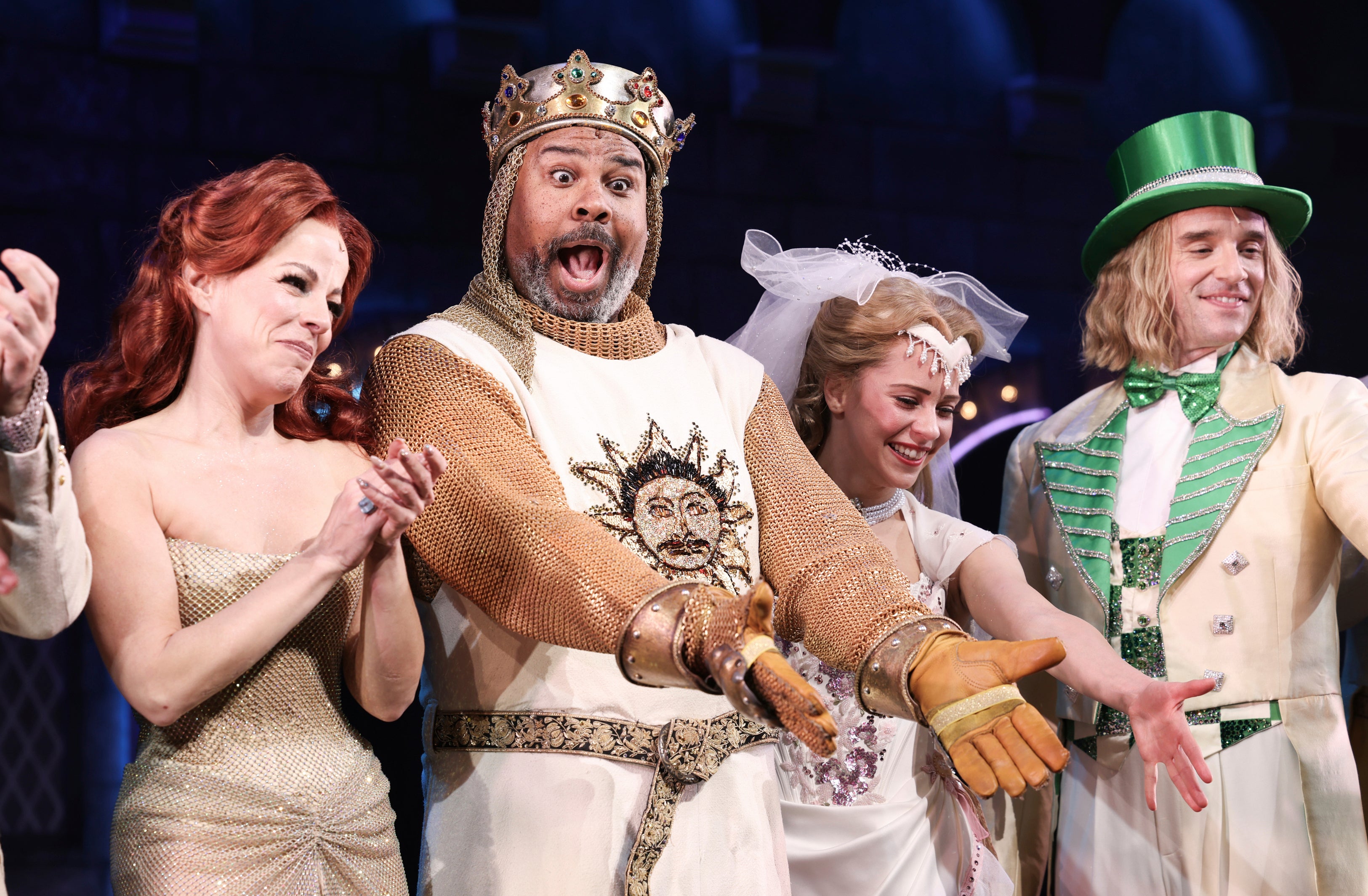 Leslie Rodriguez Kritzer, left, and James Monroe Iglehart, centre, appear with other cast members at the curtain call for ‘Spamalot’