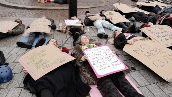 <p>Protesters stage ‘die-in’ demonstration over HIV aid cuts.</p>