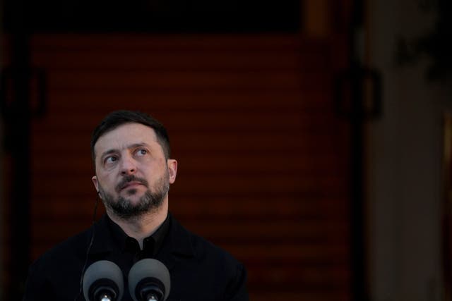 Ukrainian President Volodymyr Zelensky speaks to the media during a press conference with Taoiseach Micheal Martin at the Government Buildings in Dublin, during his visit to Ireland. Picture date: Tuesday December 2, 2025.