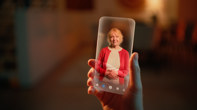 <p>2wai was originally launched with the idea of creating 'HoloAvatars' to help protect influencers' identities and lend extra income streams to public figures. But they soon realized that if they leaned into the most controversial usage of a digital avatar, they could garner a lot more attention. Pictured is the dead grandmother as she appears on a phone in their viral advertisement</p>