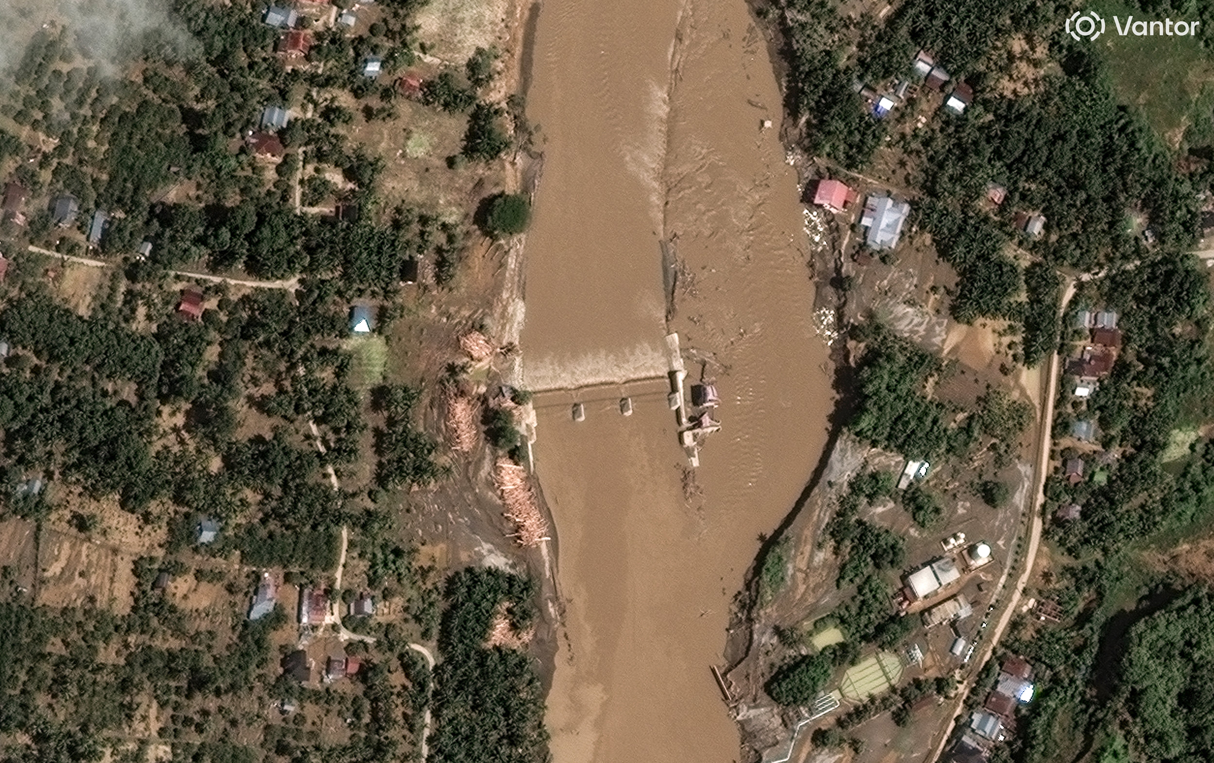 This satellite image released by Vantor shows during floods in Peusangan river and weir at Bireuen district in Aceh, Indonesia