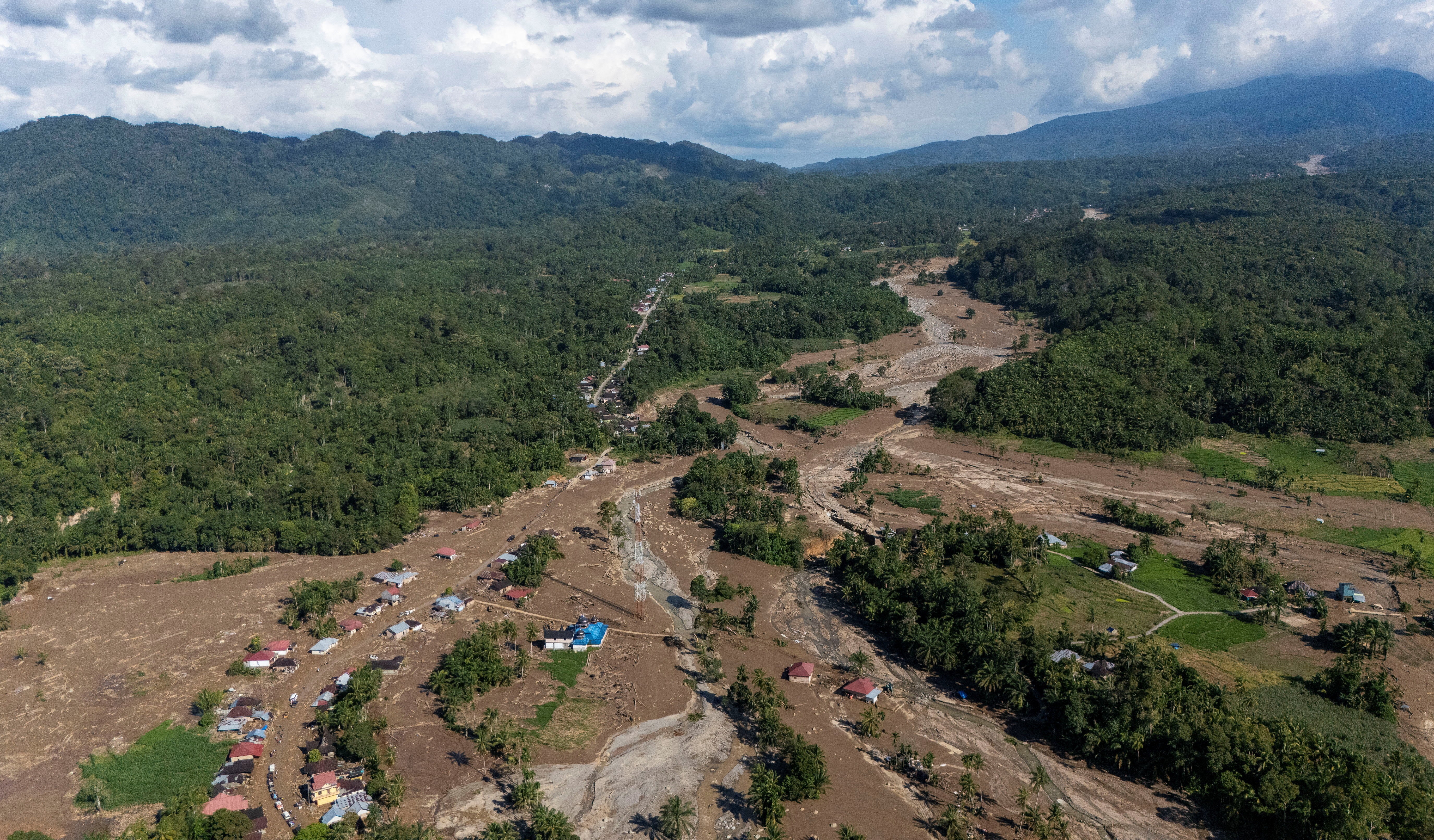 A drone view shows an area hit by deadly flash floods following heavy rains in Palembayan, Agam regency, West Sumatra province, Indonesia, 1 December 2025