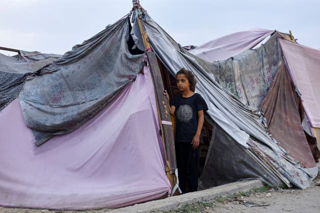 <p>A displaced Palestinian girl looks out of a tent amid a ceasefire between Israel and Hamas, in Gaza City, November 4, 2025. </p>