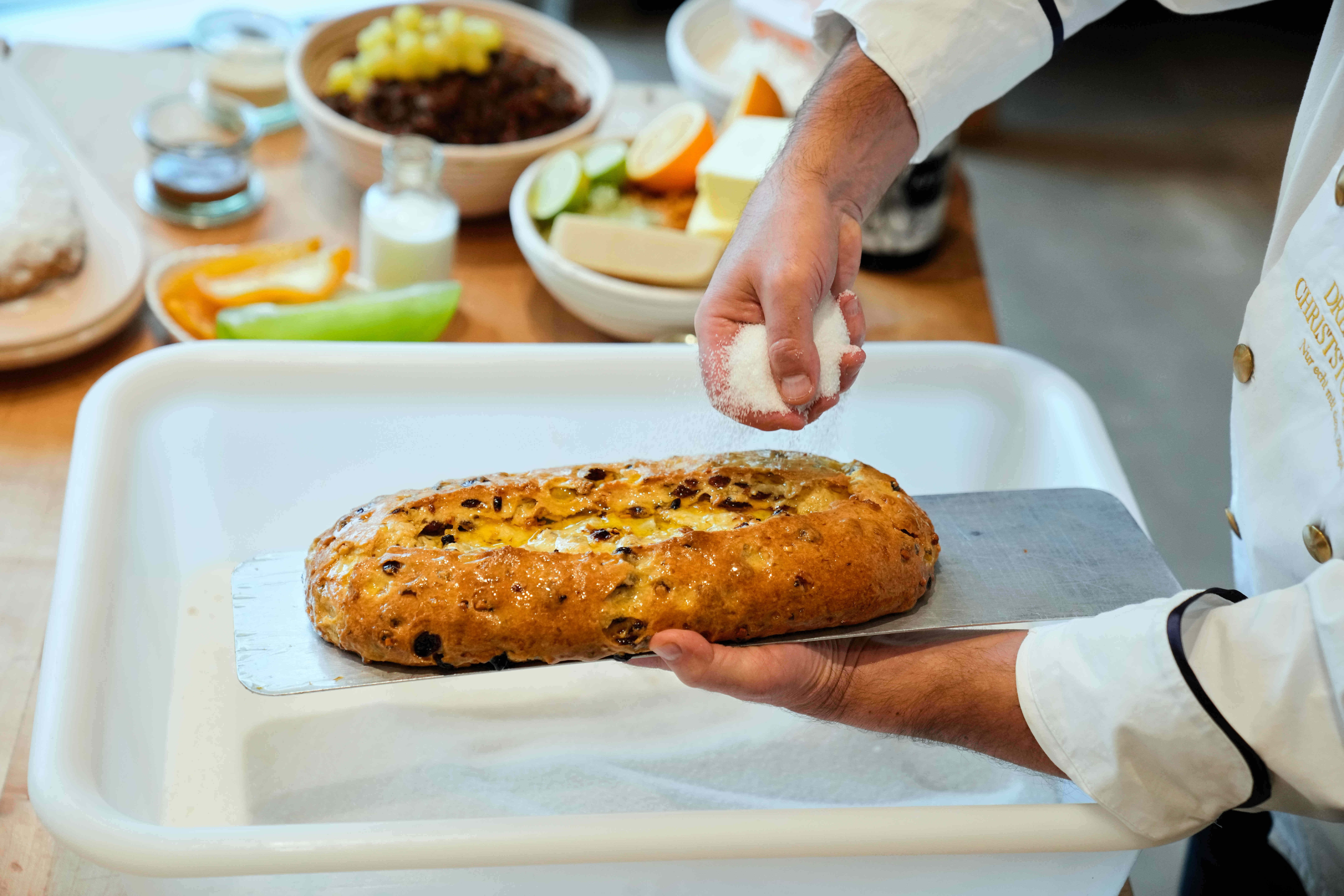 Pastry chef Tino Gierig makes stollen a traditional Christmas pastry in Dresden, Germany.