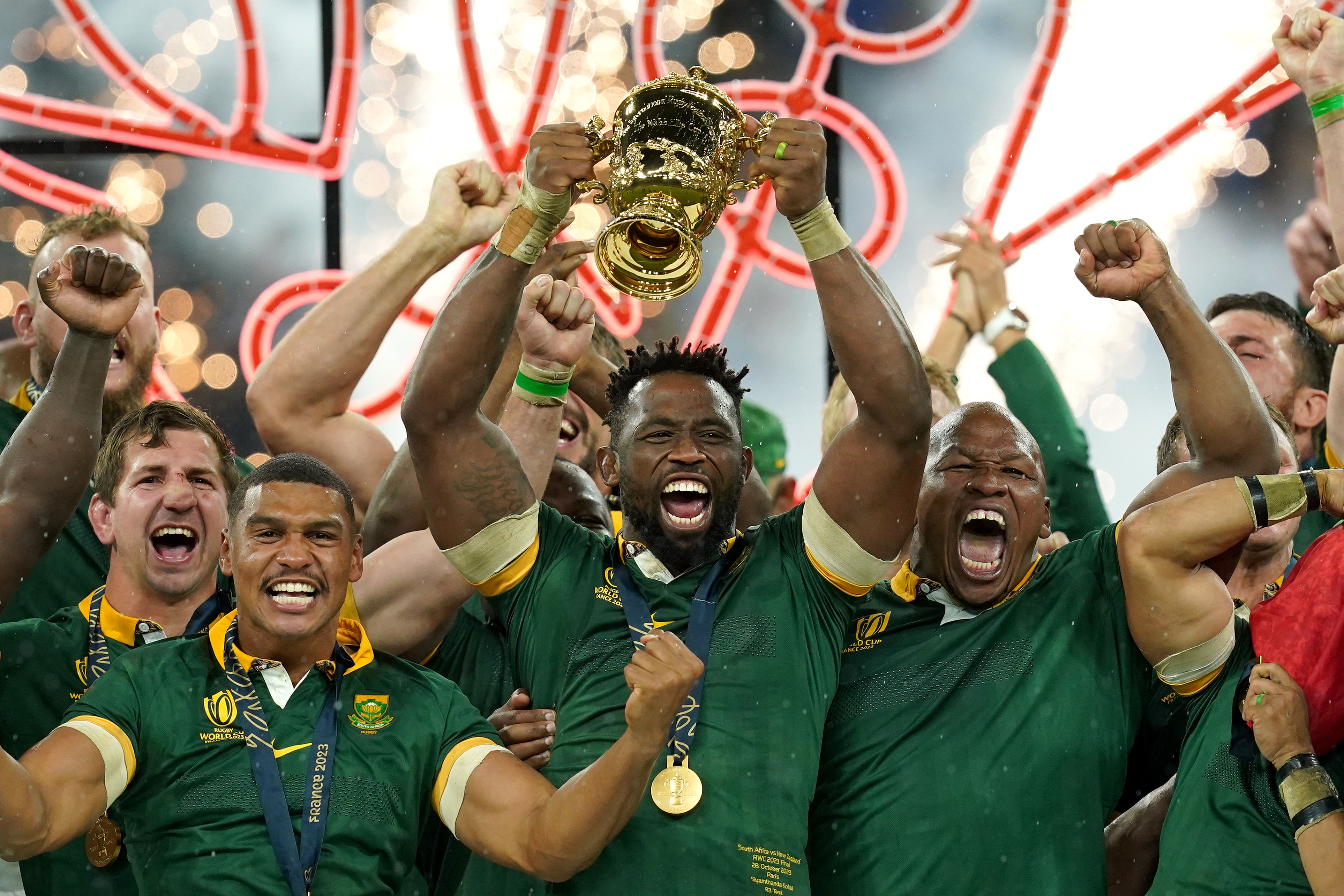 South Africa’s Siya Kolisi lifts the Webb Ellis Cup in 2023 (David Davies/PA)