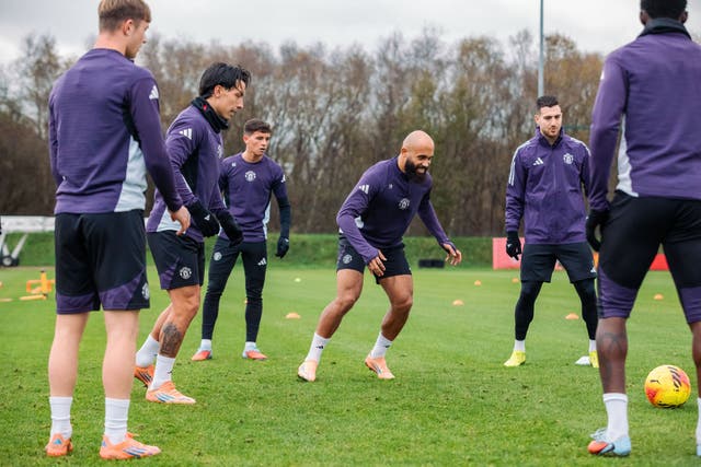 <p>Manchester United players in training at Carrington last week</p>