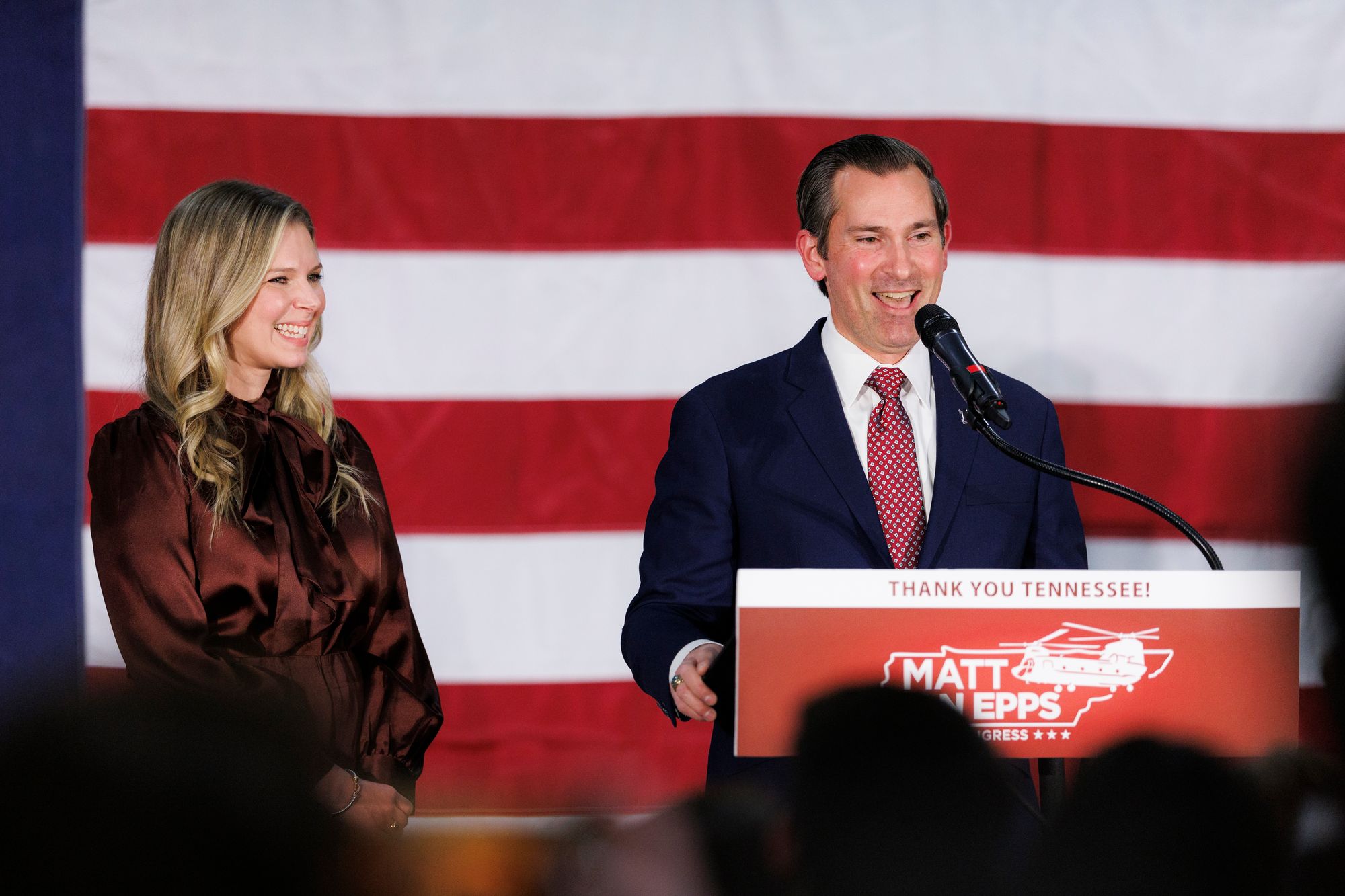 Republican Rep.-elect Matt Van Epps delivers his victory speech as wife, Meg Van Epps, looks on at the Millennium Hotel Maxwell House Nashville on December 2, 2025 in Nashville, Tennessee.