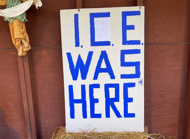 <p>A Massachusetts church displayed an "ICE was here" sign in its Nativity scene</p>