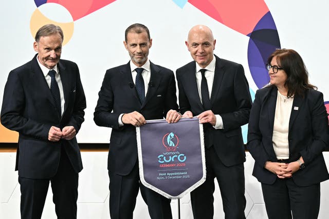 <p>UEFA Vice-President Hans-Joachim Watzke, UEFA President Aleksander Ceferin, German Football Association (DFB) president Bernd Neuendorf and UEFA Managing Director of Communications Pedro Pinto (R) pose after Germany was elected to host the UEFA Women's EURO 2029 fooball tournament</p>