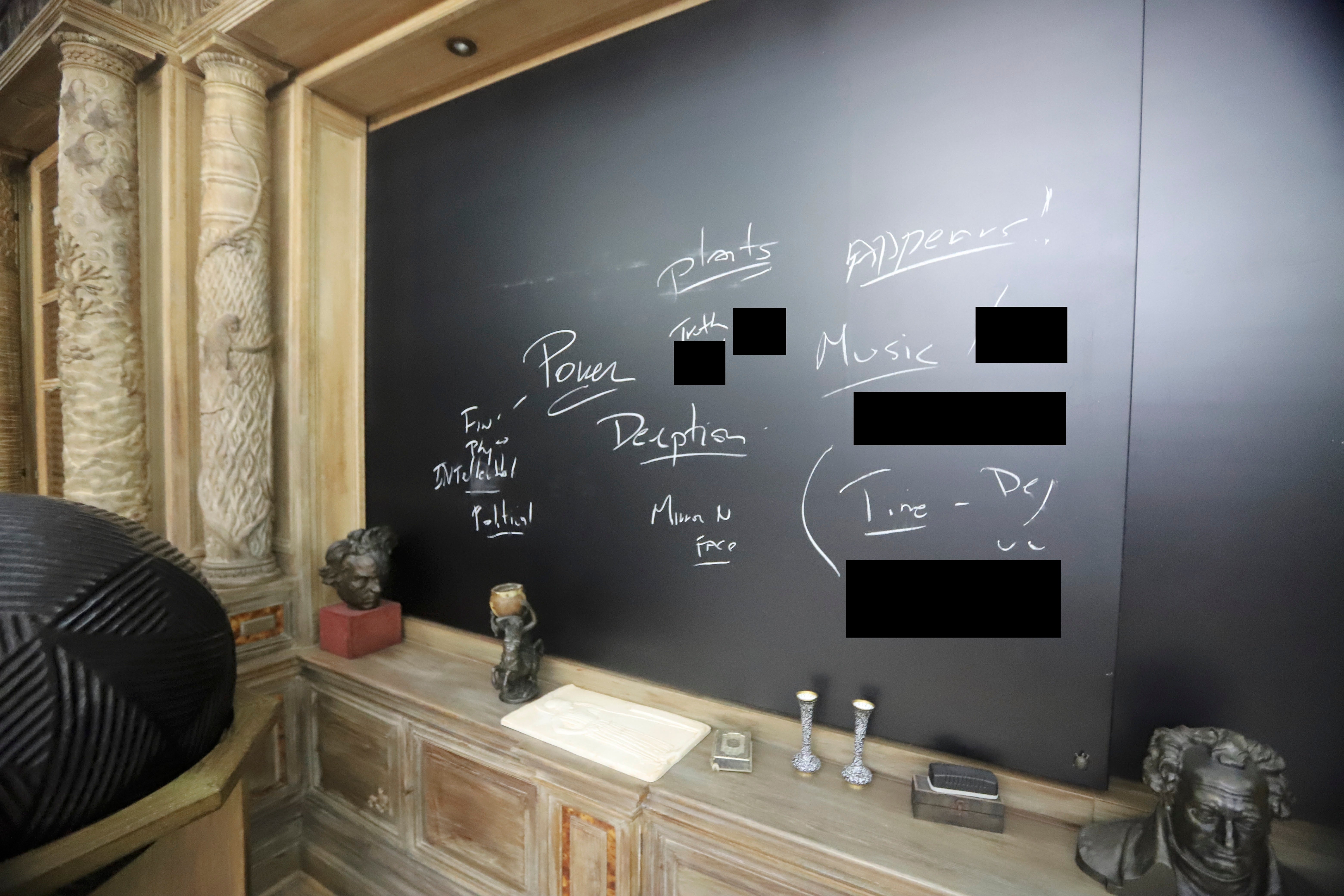 A photo of a chalkboard, located inside an office in Jeffrey Epstein's estate, shows several words scribbled