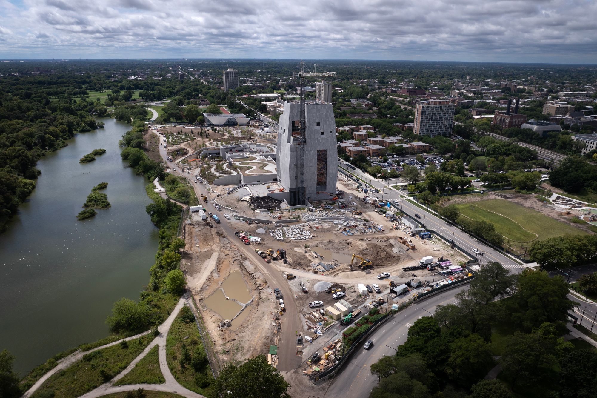 An aerial view shows construction underway at The Barack Obama Presidential Center on August 20, 2025