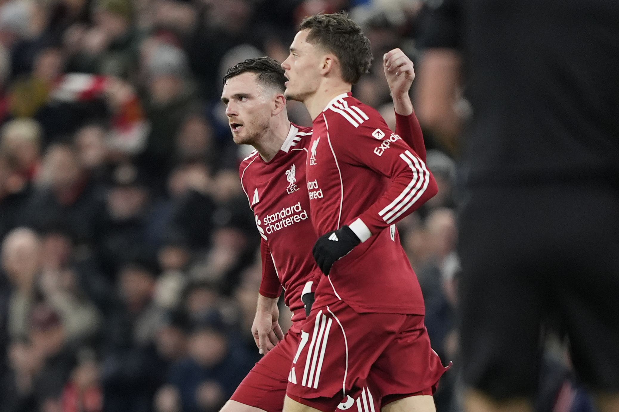 Florian Wirtz celebrates Liverpool’s equaliser (Peter Byrne/PA)