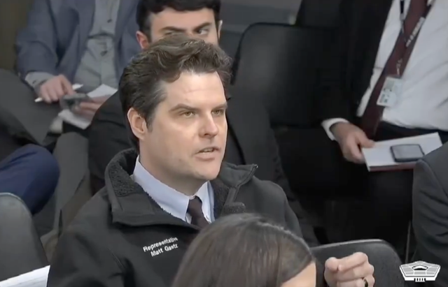 <p>Ex-congressman Matt Gaetz, now an anchor at One America News Network, asks a question at a Pentagon press briefing on Tuesday, December 2, 2025</p>