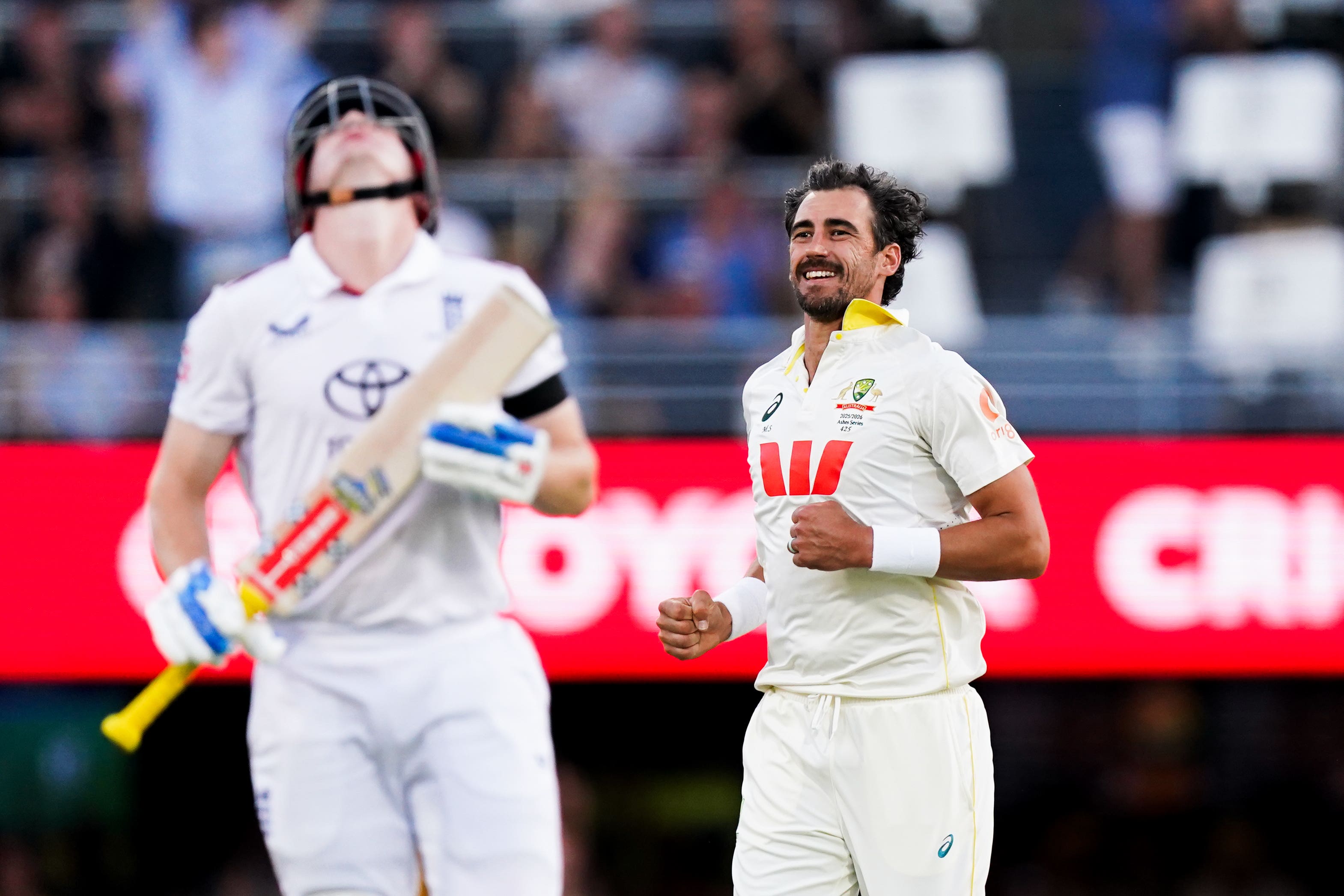 Mitchell Starc, right, starred for Australia on day one (Robbie Stephenson/PA)