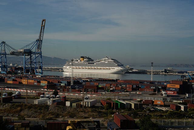 <p>A cruise ship docked at the port in Marseille, France</p>