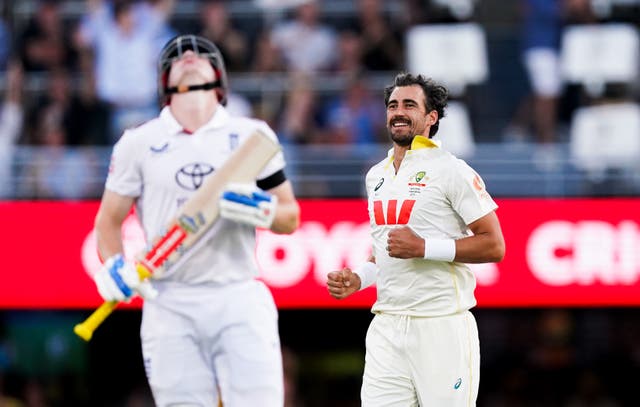 <p>Mitchell Starc celebrates the wicket of Harry Brook</p>