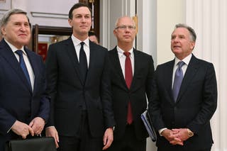 Kirill Dmitriev, middle right, has held multiple meetings with Steve Witkoff, right, and Jared Kushner, middle left, in recent weeks