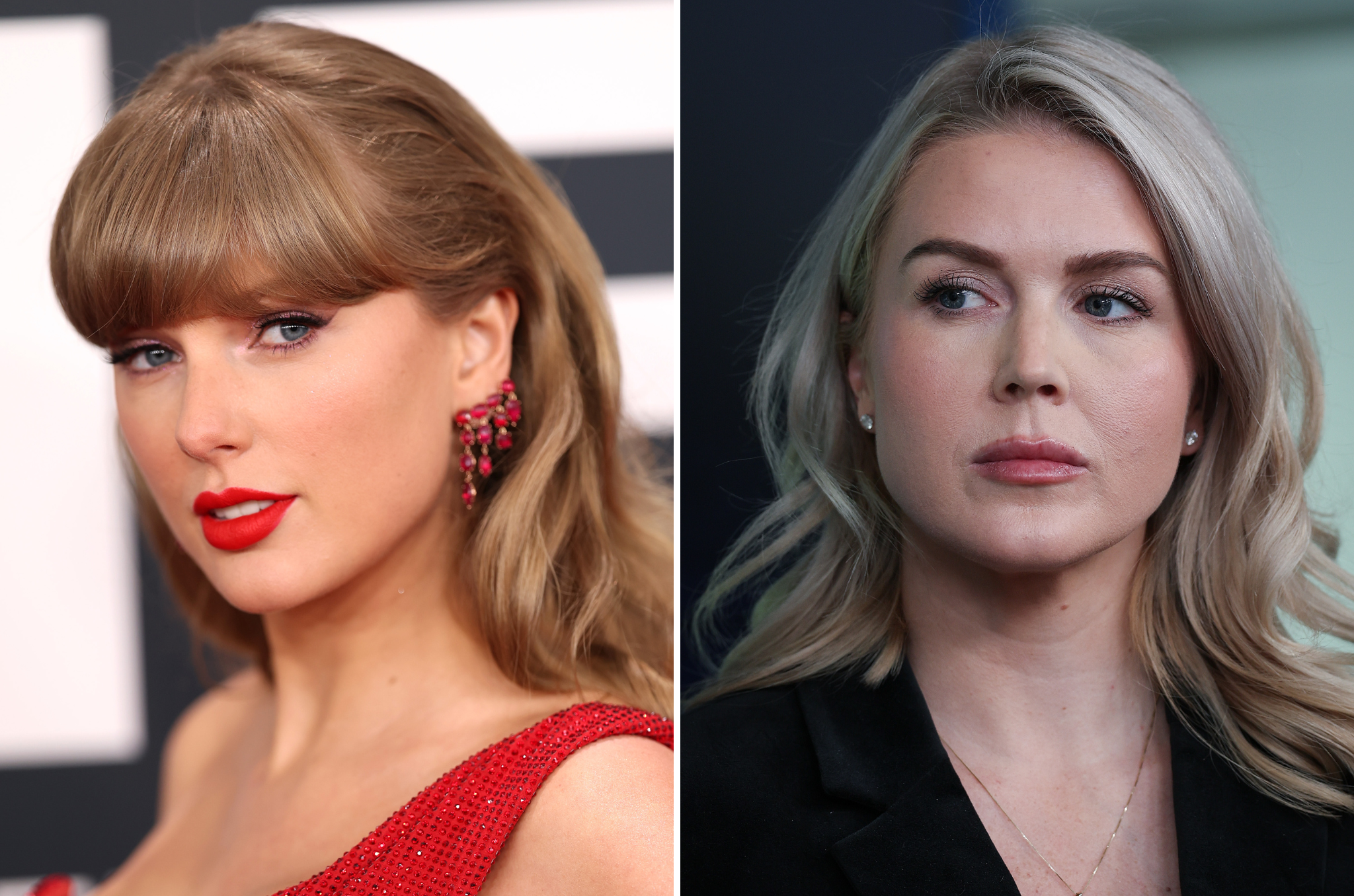 White House Press Secretary Karoline Leavitt (right) revealed her 2025 Spotify Wrapped, which included her boss's nemesis Taylor Swift as one of her top listened to arists