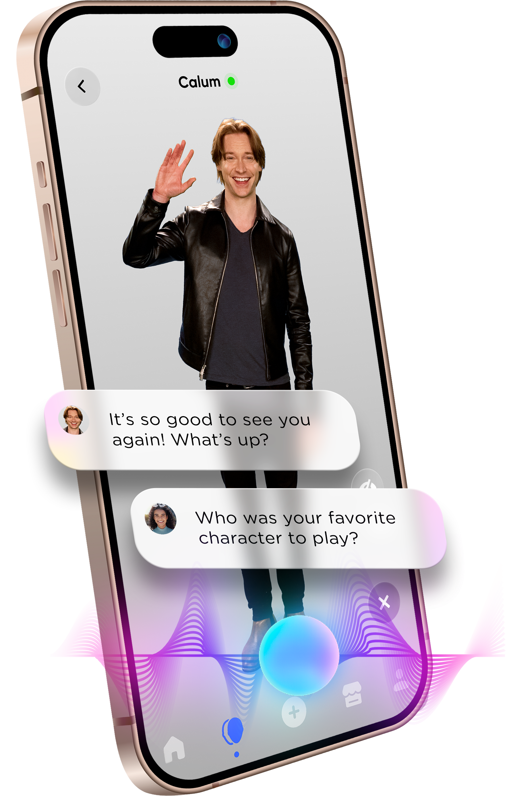 Calum Worthy, the co-founder of 2wai, pictured as a HoloAvatar on the 2wai app, alongside suggested questions and comments that a user might make. The original idea for the app was much more centered around celebrities and influencers. When that failed to gain the traction they wanted, the team at 2wai decided to go with a provocative new angle