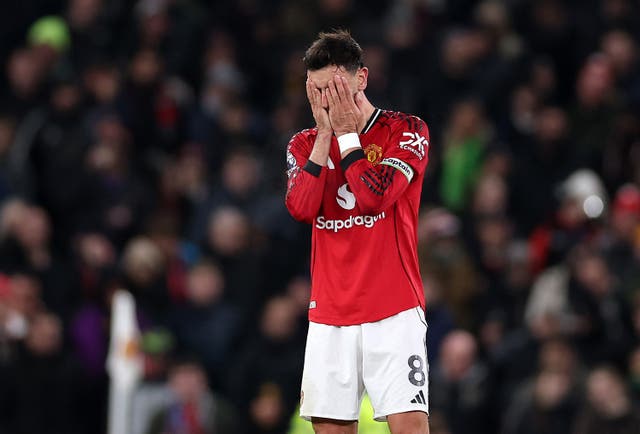 <p>A dejected Bruno Fernandes during Man United’s draw with West Ham</p>