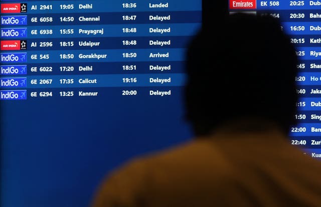 <p>The flight schedule displaying delayed flights by IndiGo at the Chhatrapati Shivaji Maharaj International Airport in Mumbai</p>