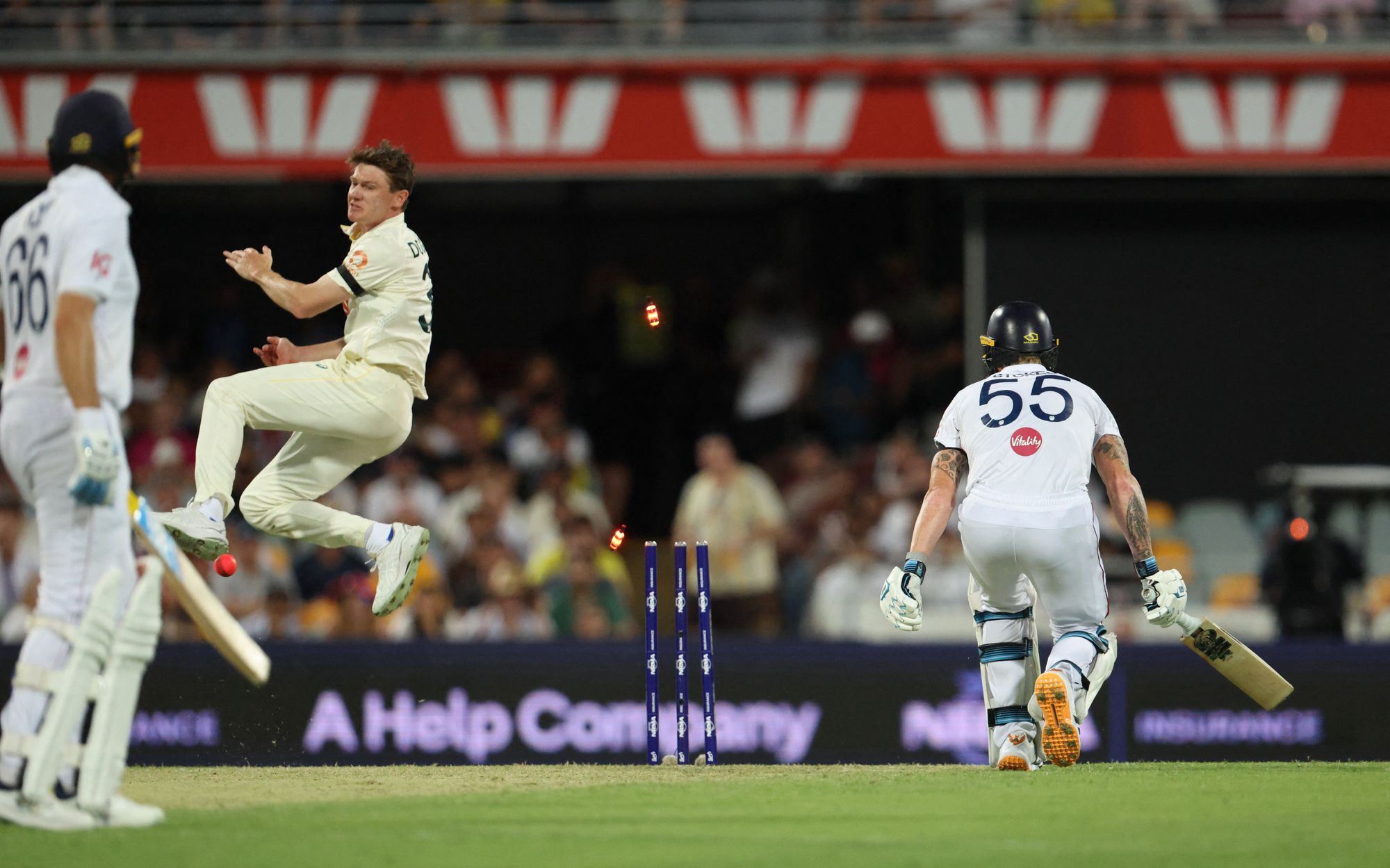 <p>Ben Stokes is run out by Josh Inglis as the bails go flying</p>