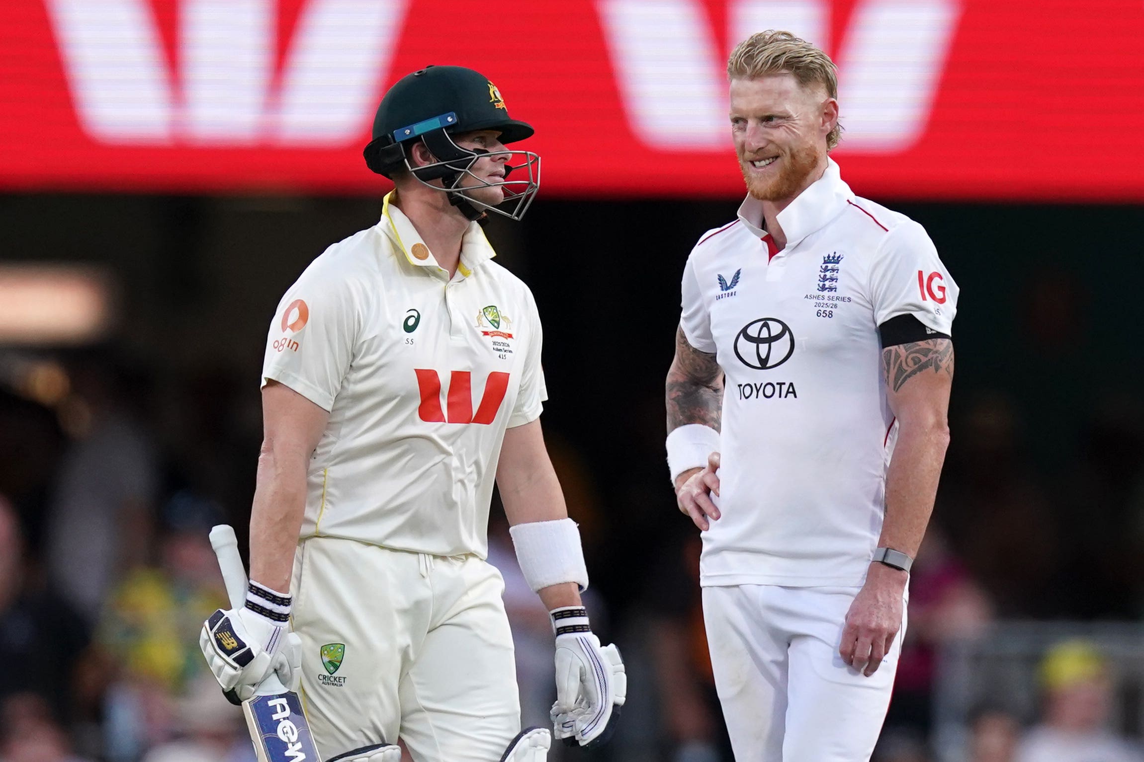 Australia’s Steve Smith and England’s Ben Stokes on day two (Robbie Stepyhenson/PA)