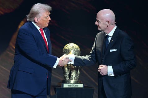 <p>President Donald Trump shakes hands with FIFA President Gianni Infantino as he receives the FIFA Peace Prize during the draw for the 2026 FIFA Football World Cup taking place in the US, Canada and Mexico, at the Kennedy Center, in Washington, DC, on December 5, 2025</p>