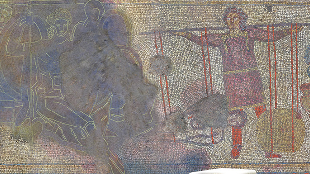 <p>Panel three of the Ketton mosaic deptics King Priam loading a set of scales to match the weight of his son Hector</p>