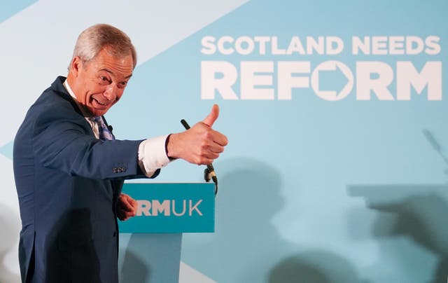 <p>Reform UK leader Nigel Farage announced his party’s first peer during a rally in Scotland (Jane Barlow/PA)</p>