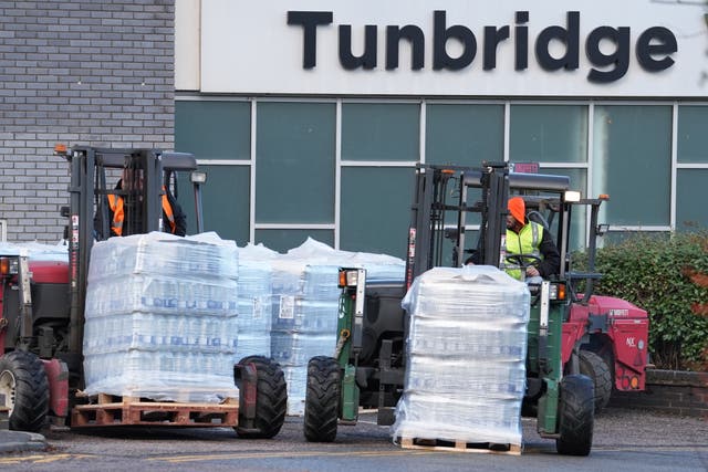 <p>Bottled water is brought to Tunbridge Wells sports centre as areas across Kent and Sussex without water</p>