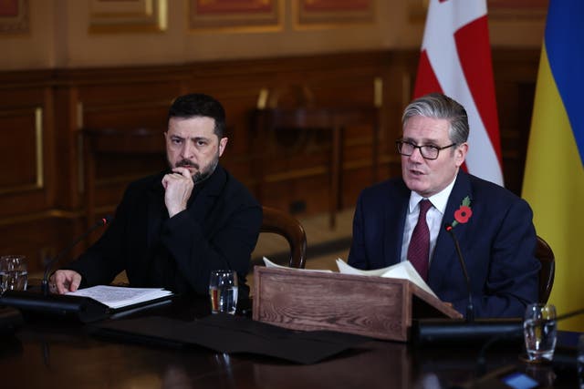 <p>UK Prime Minister Keir Starmer (R) sits with Ukraine's President Volodymyr Zelensky (L) as he hosts a 'Coalition of the Willing' meeting of international partners on Ukraine at the Foreign, Commonwealth, and Development Office (FCDO)</p>