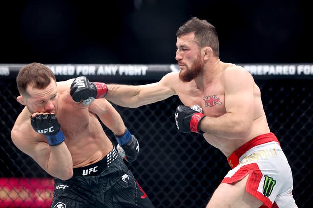 <p>Merab Dvalishvili (right) during his title loss to Petr Yan</p>