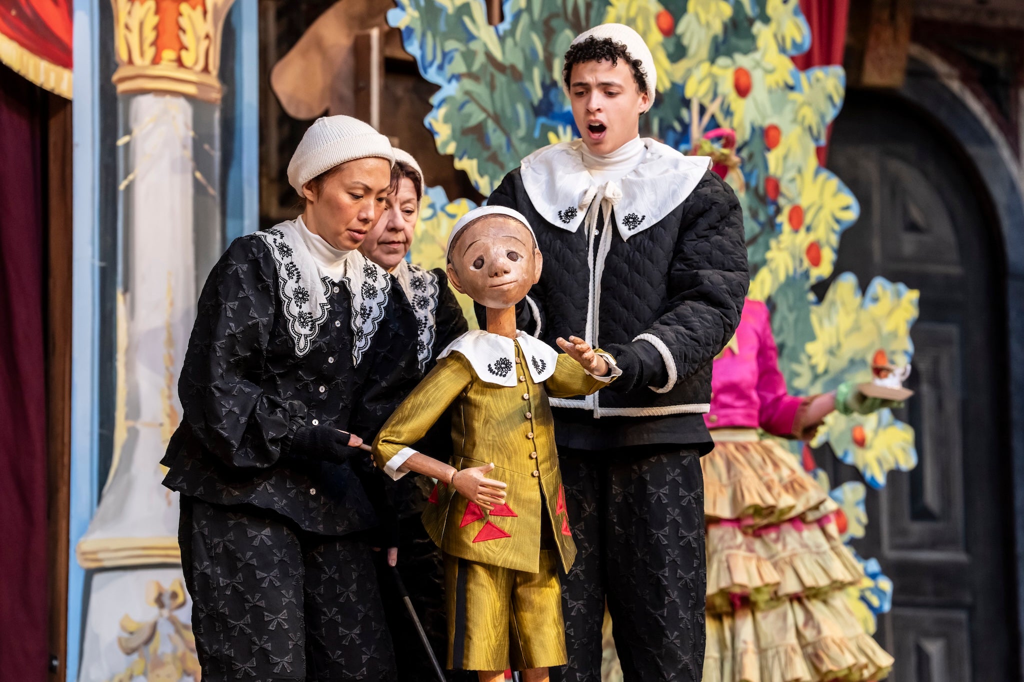 <p>A real boy: Aya Nakamura and Andrea Sadler as Puppeteers and Lee Braithwaite as ‘Pinocchio’ at Shakespeare’s Globe</p>