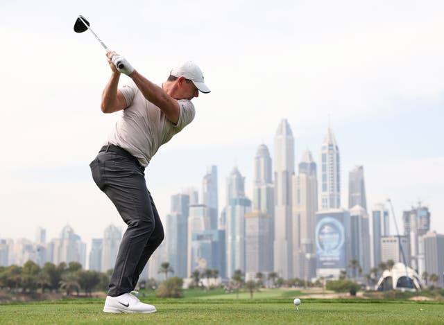 <p>Rory McIlroy tees off on the eighth hole on day one of the Hero Dubai Desert Classic at Emirates Golf Club on January 16, 2025 in Dubai, United Arab Emirates</p>