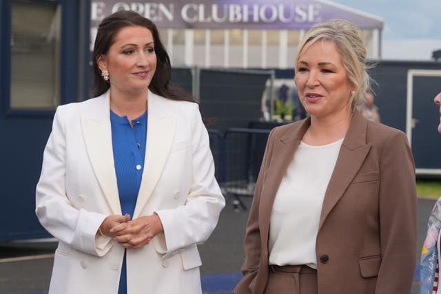 Northern Ireland deputy First Minister Emma Little-Pengelly and Northern Ireland First Minister Michelle O’Neill, during their visit on day one of The 153rd Open Championship at Royal Portrush, County Antrim, Northern Ireland (Brian Lawless/PA)